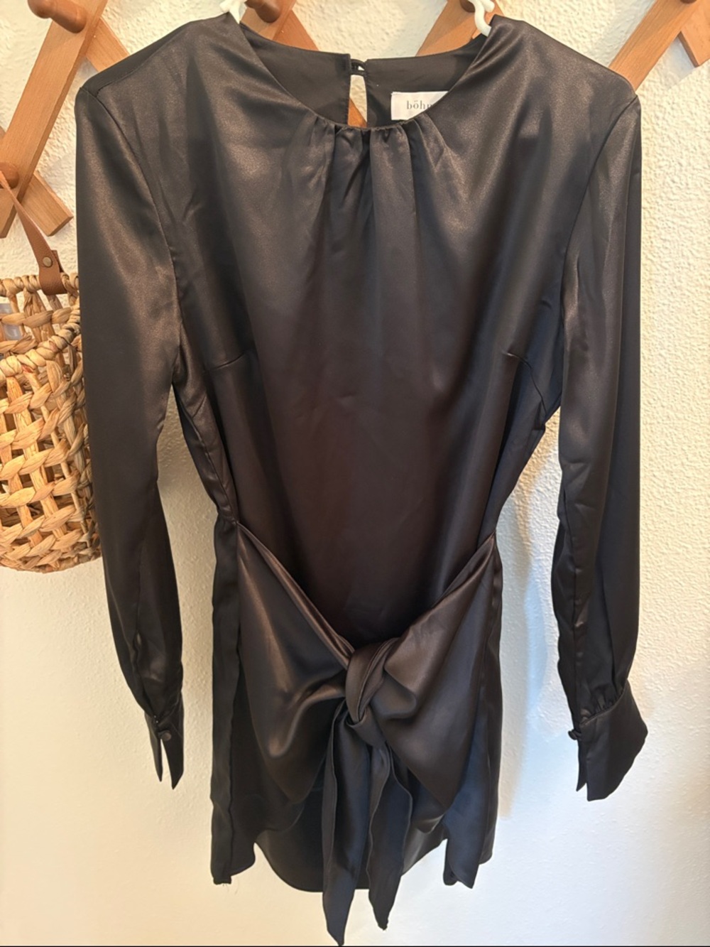 bohme Lori Mini Satin Long-Sleeve Tie Dress